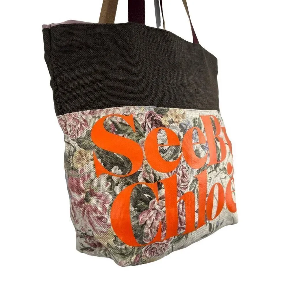 See By Chloé Floral Canvas Casual Style Logo Beige Brown and Purple Tote Bag